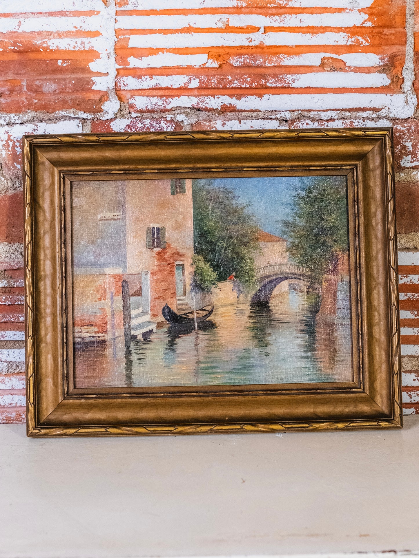 Antique 1920s Framed Venetian Canal Landscape Oil Painting
