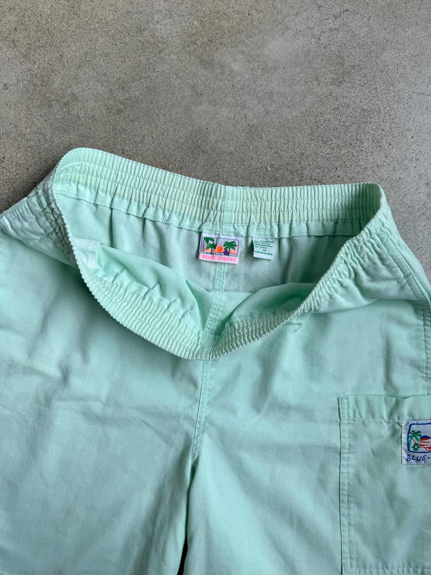 Vintage 1990s Blue Cabana Pastel Green Beach Shorts | Medium