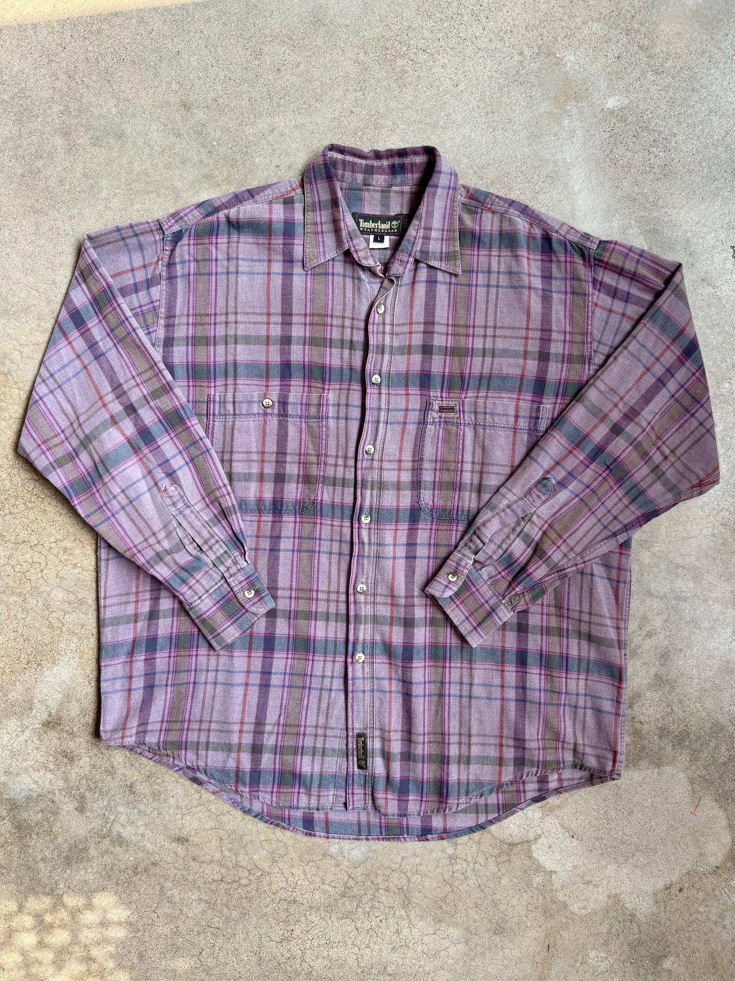Vintage 1990s Timberland Purple Plaid 100% Cotton Button-Up Shirt | Large