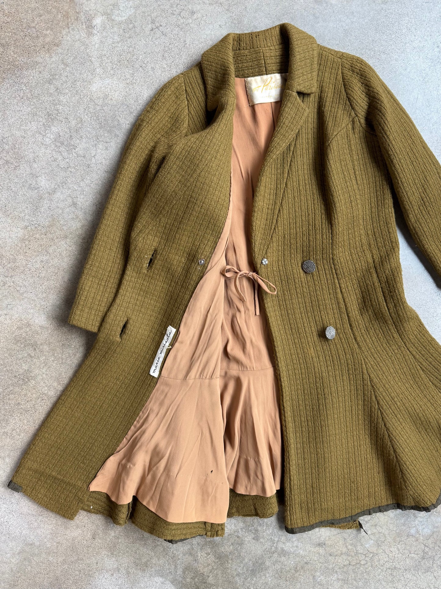 Vintage 1960s The Parisian Olive Green Wool Belted Wrap Coat | Small