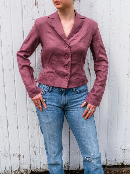 Vintage 1990s Mauve Cropped Lightweight Linen Blazer | Medium