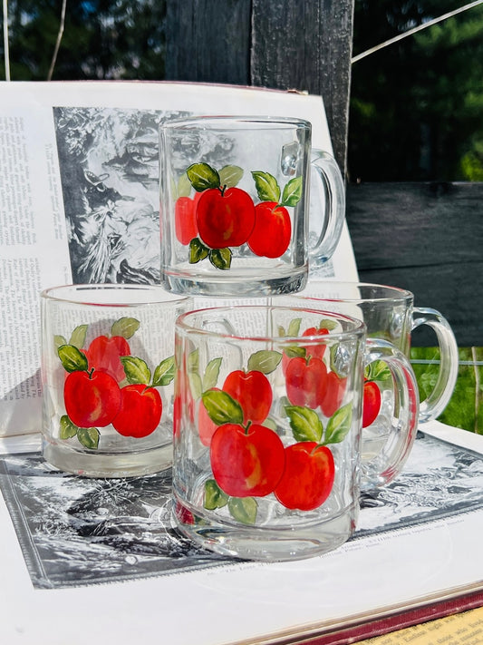 Vintage 1980s Libbey Harvest Collection Apple Painted Glass Mugs | Set of 4