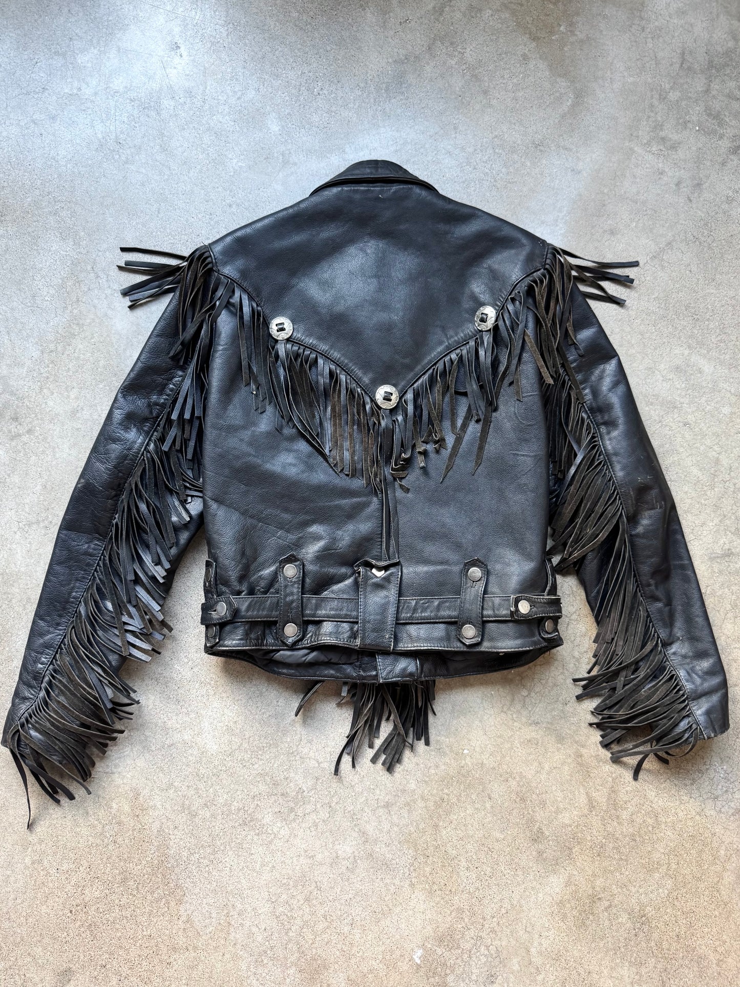 Vintage 1980s Open Road Black Leather Western Fringe Biker Jacket | 40