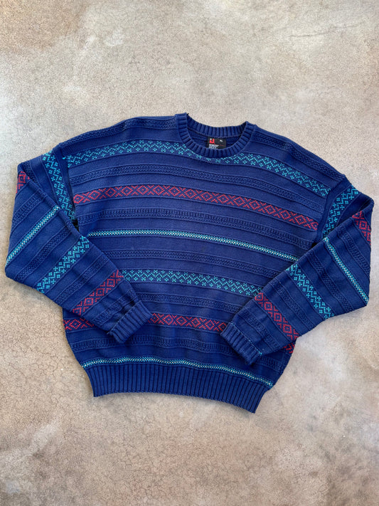 Vintage 1980s Robert Bruce Blue Patterned Cotton Knit Crewneck Sweater | XL
