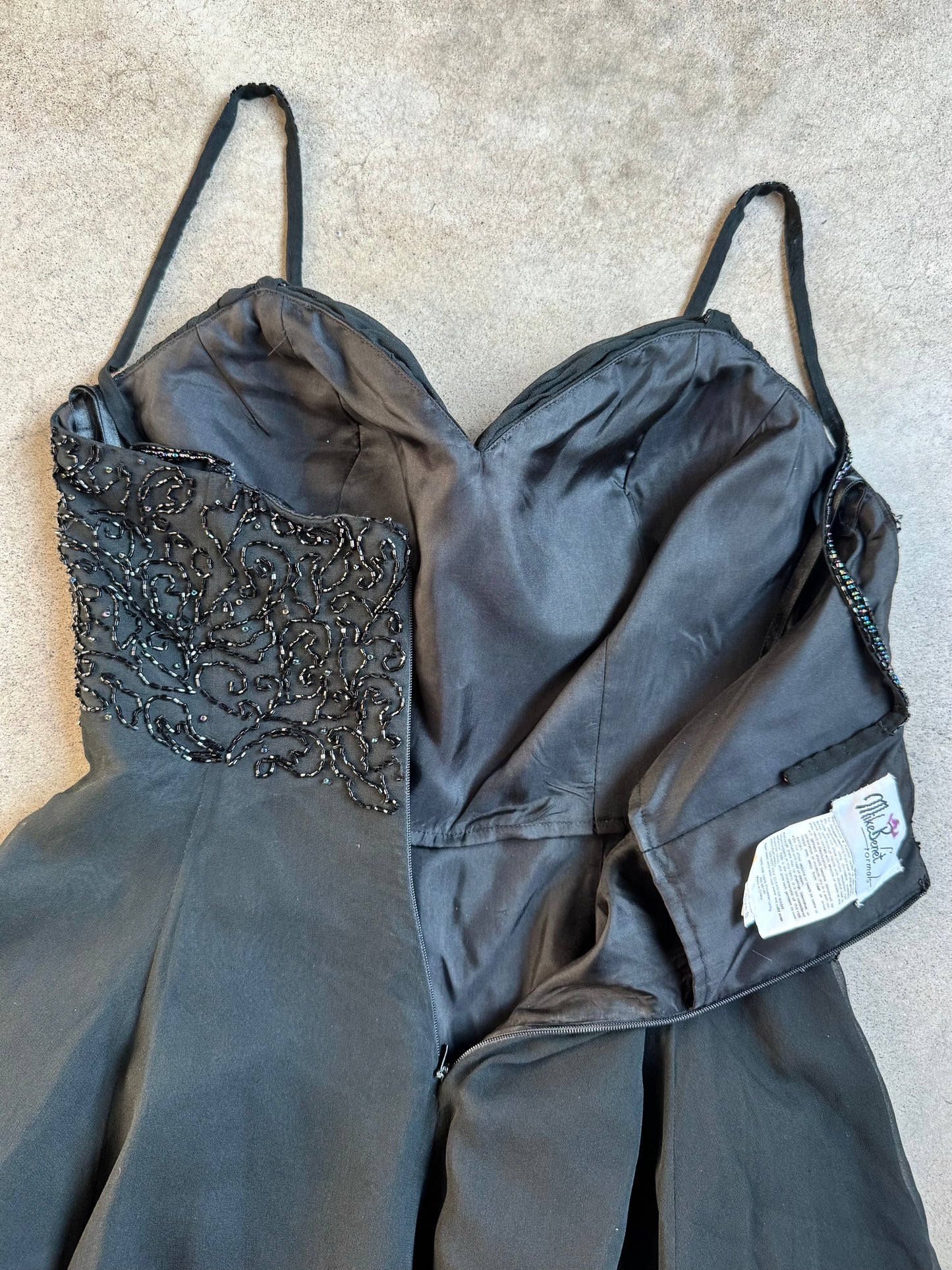Vintage 1990s Mike Benet Formals Black Silk Beaded Mini Party Dress | S/M