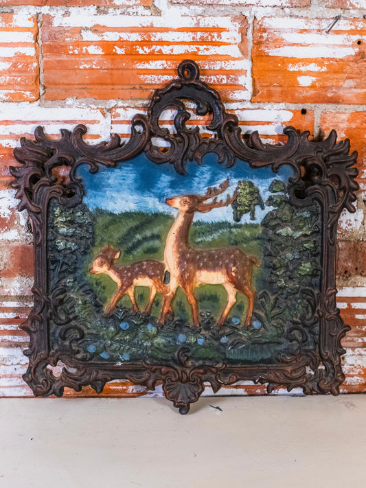 Antique Cast Iron Relief “Deer in Forest” Ornate Wall Plaque