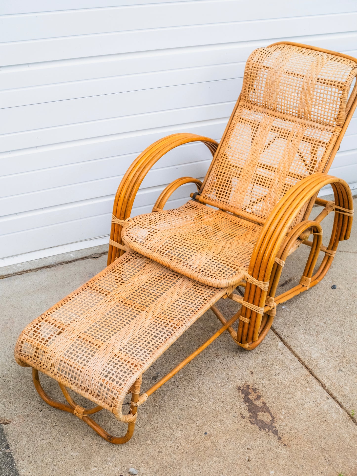 Vintage 1960s Folding Rattan Lounge Chair w/ Ottoman