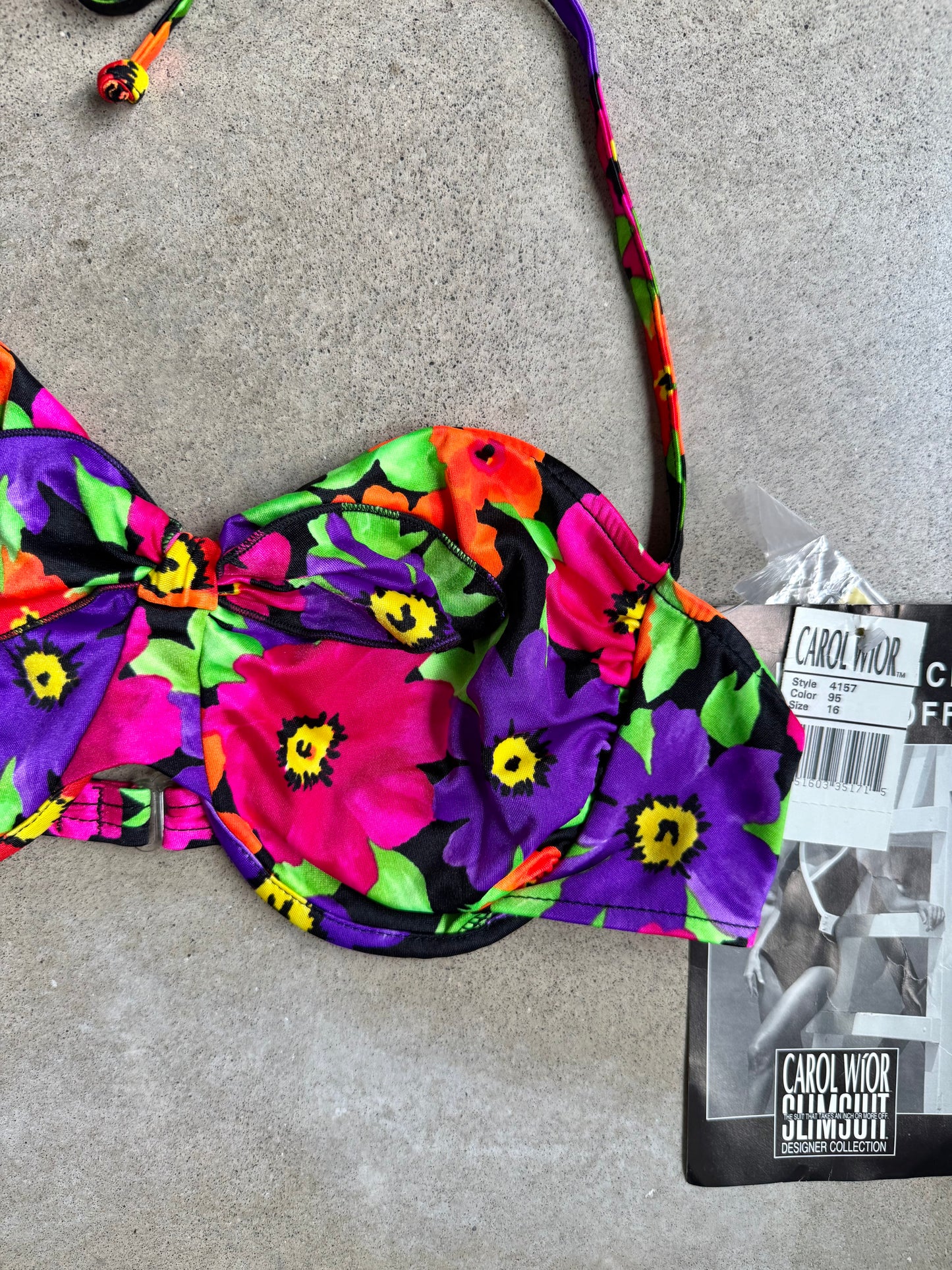 Vintage 1990s Carol Wior Tropical Floral Print Bikini Top | L/XL