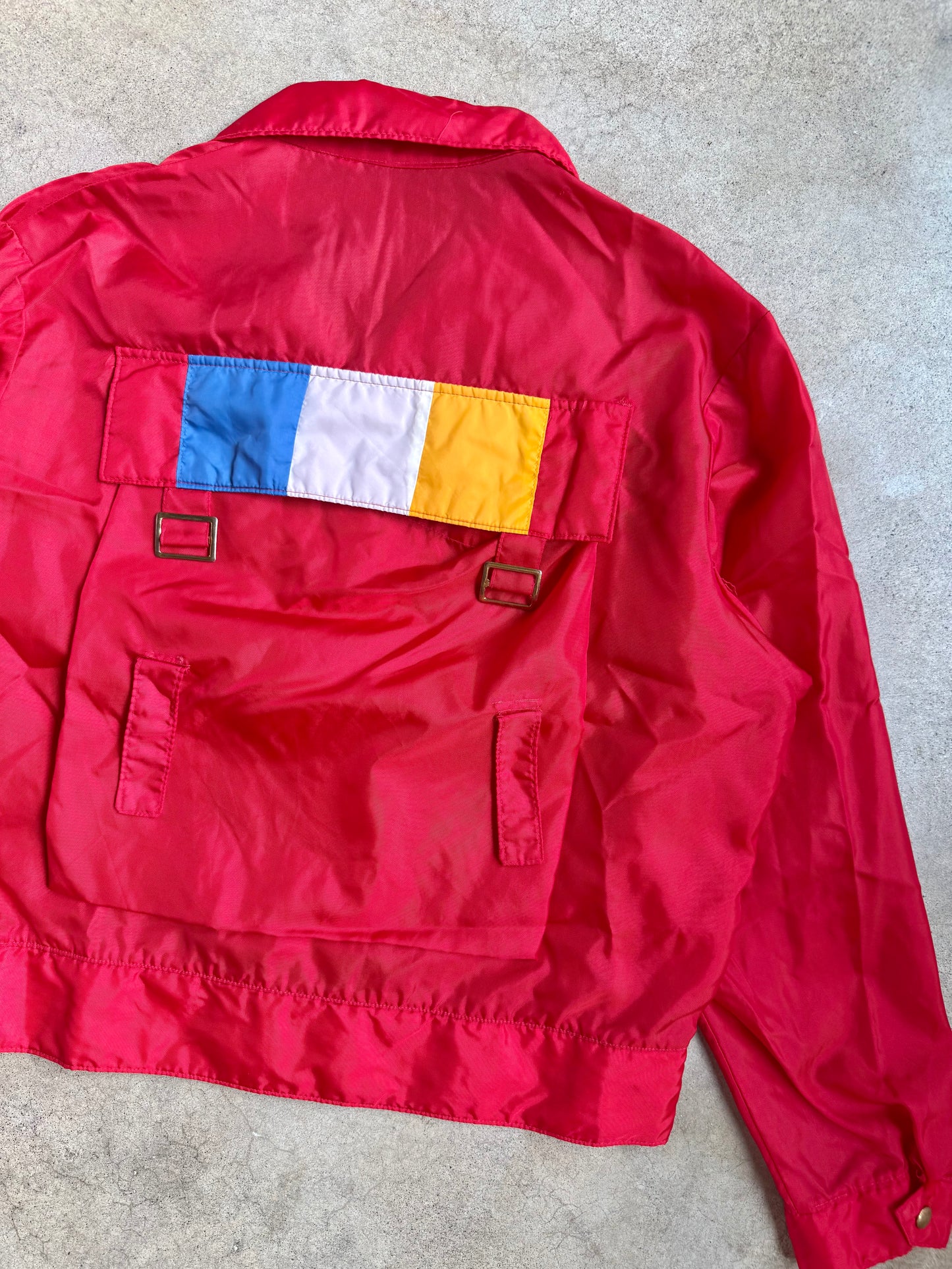 Vintage 1980s Red Multi-Color Stripe Cargo Pocket Windbreaker Jacket | XL