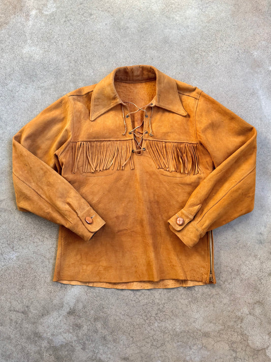 Vintage 1970s Handmade Deerskin Suede Leather Lace-Up Fringe Shirt | M/L