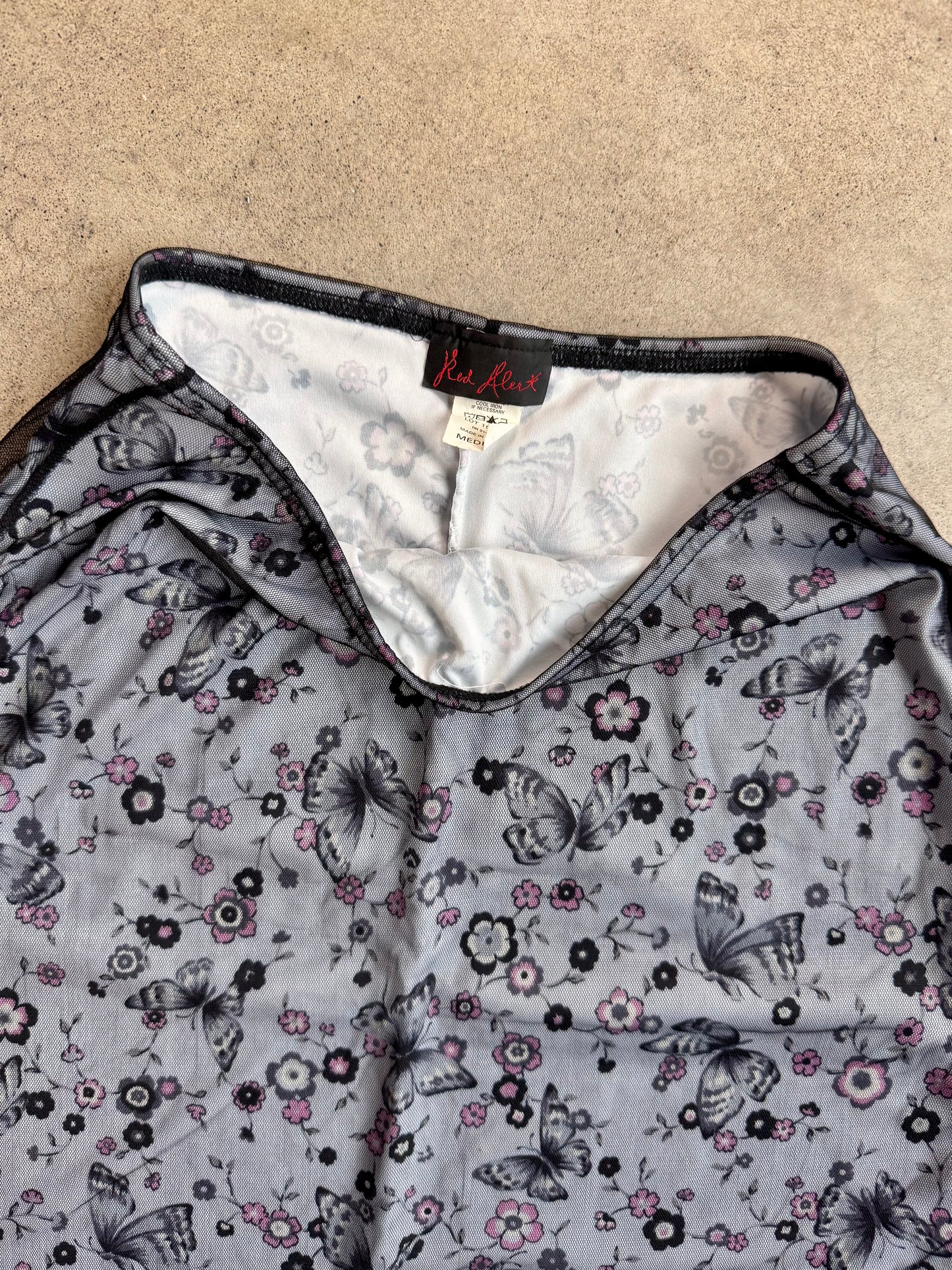 Vintage 1990s Red Alert Black Mesh Overlay Butterfly Print Maxi Skirt | Medium