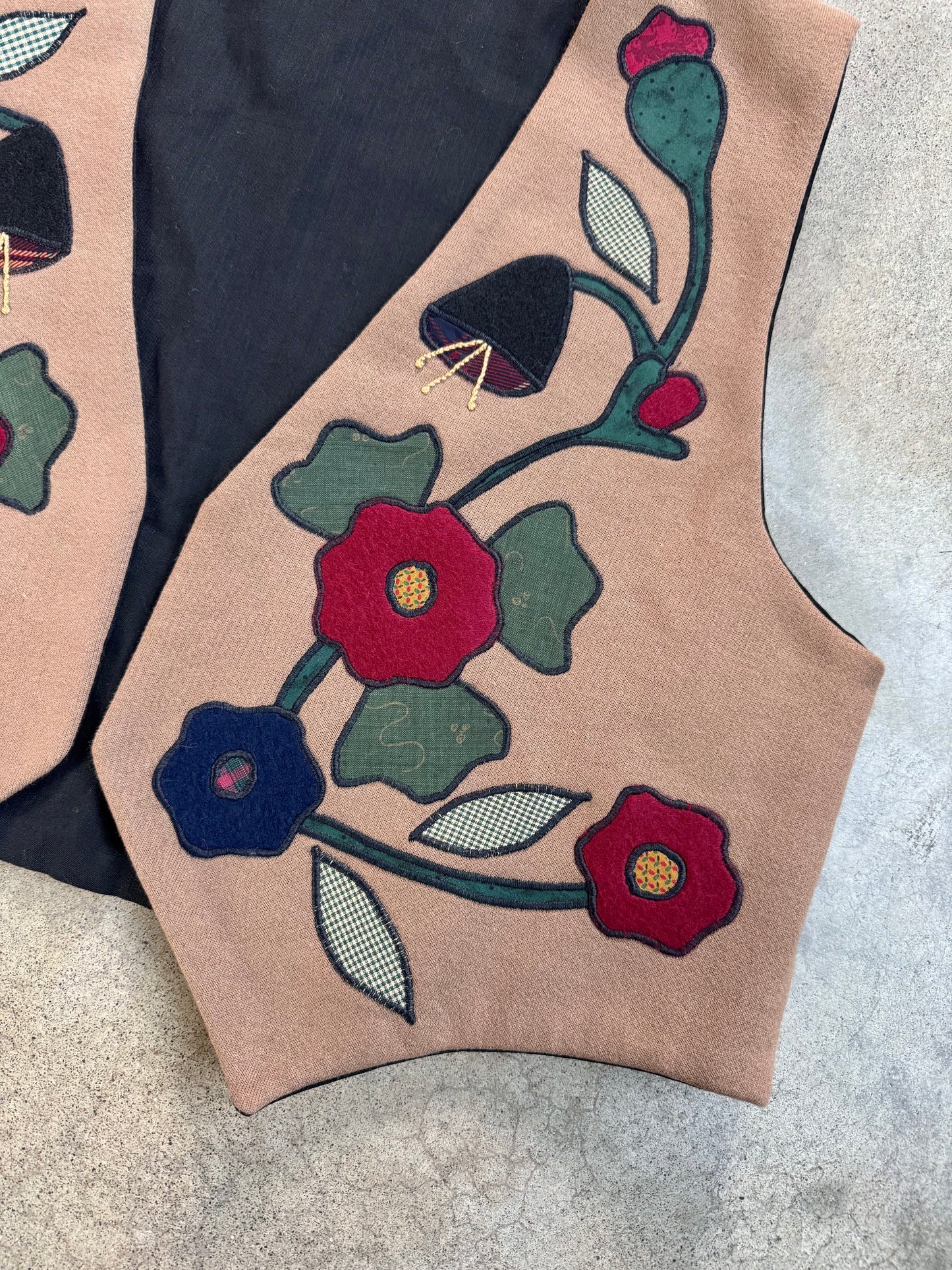 Vintage 1980s Handmade Brown Floral Patched Vest | XL