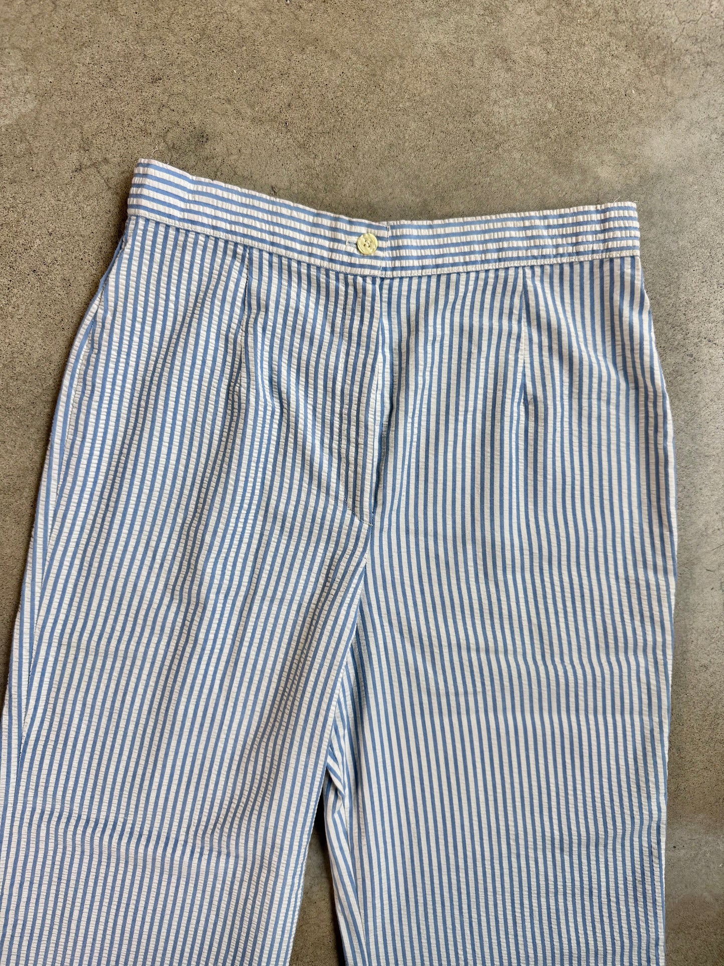 Vintage 1970s Donnkenny Blue Striped Seersucker Wide-Leg Pants | Waist 30”