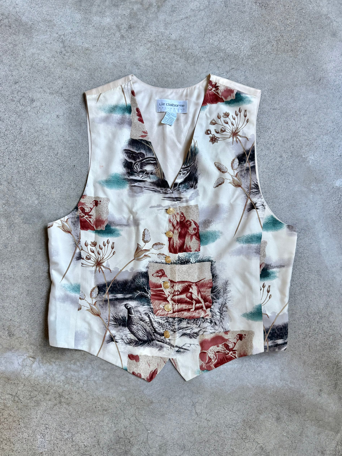 Vintage 1990s Liz Claiborne Hunting Dogs Silk Waistcoat Vest | Large