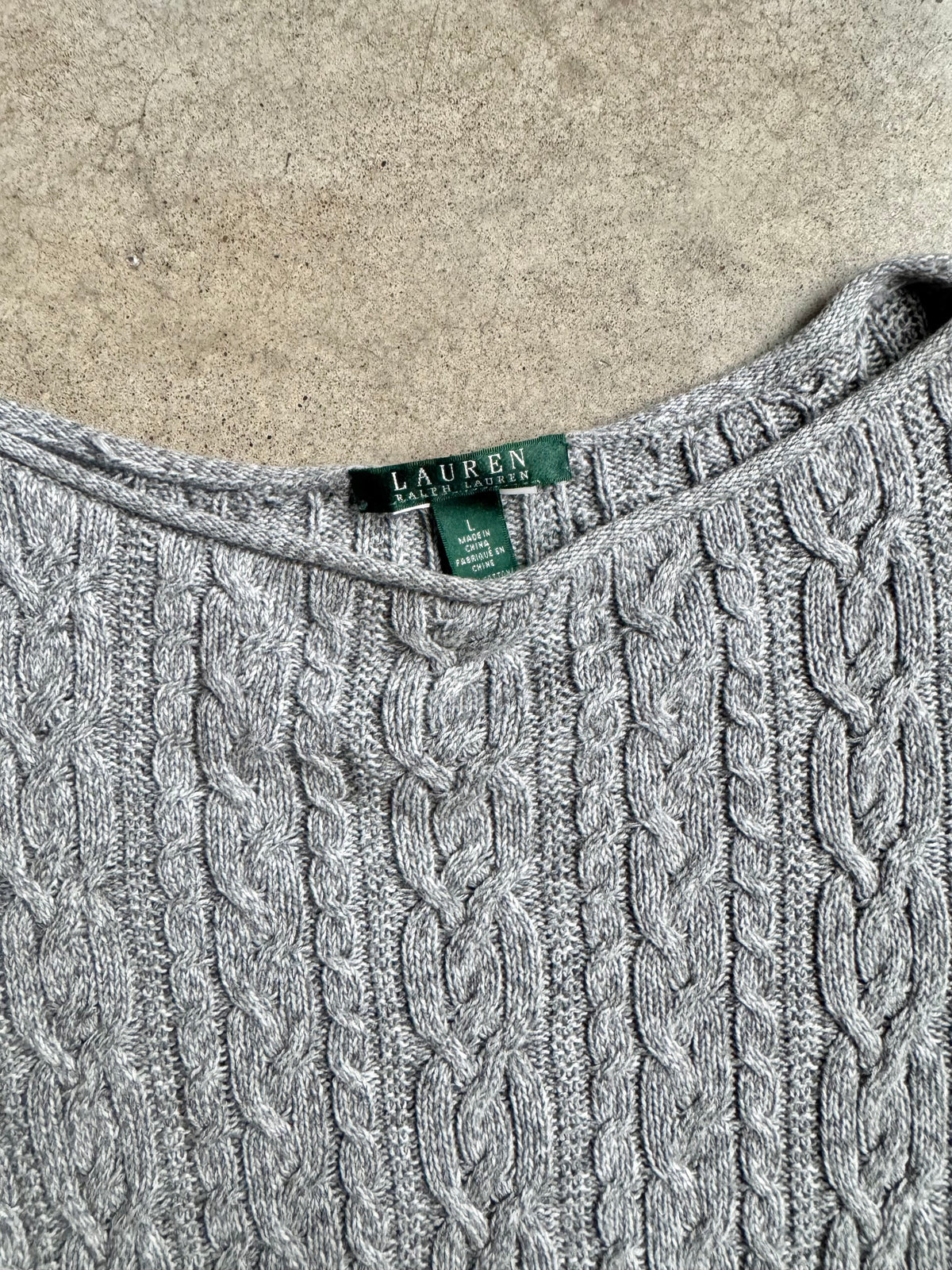 Vintage Lauren Ralph Lauren Grey Cable-Knit Boat Neck Sweater | Large