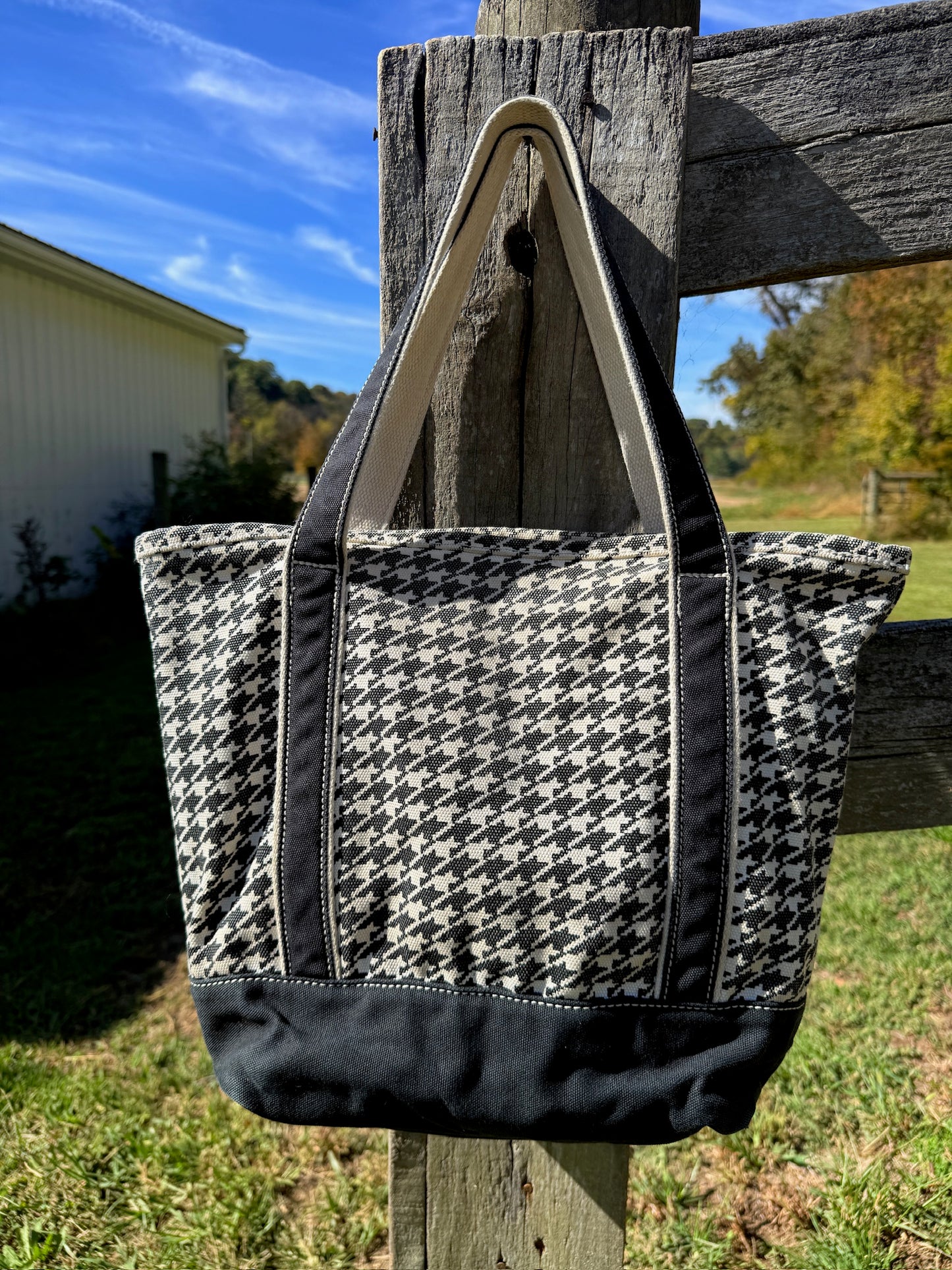 Lands' End Black & White Houndstooth Canvas Tote Bag