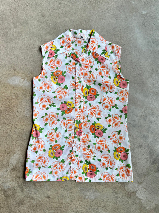 Vintage 1970s Miss Holly Multi-Color Floral Print Sleeveless Blouse | Medium