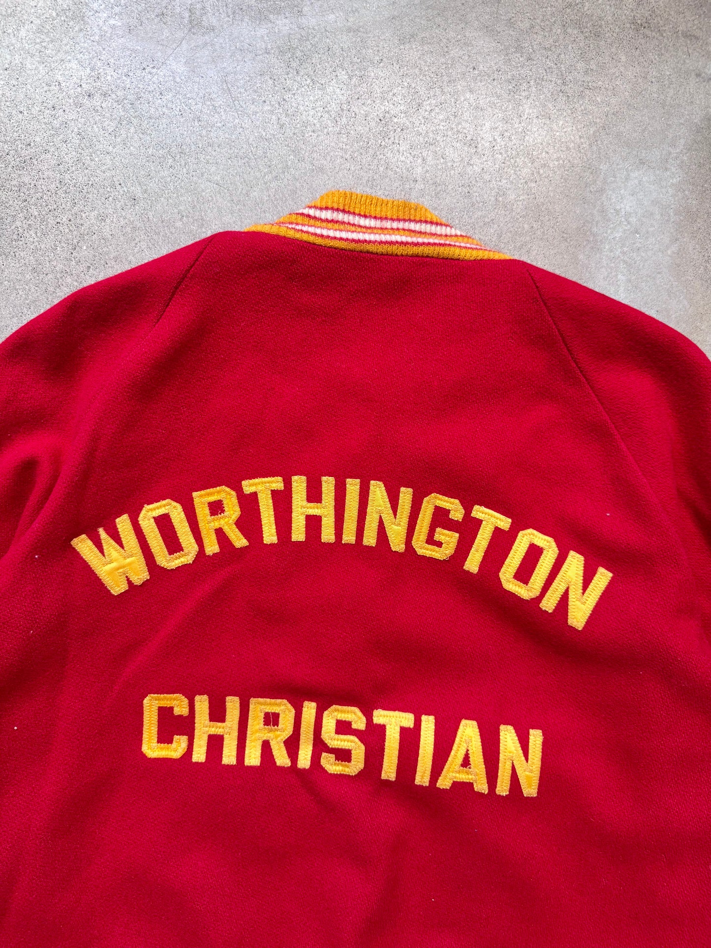 Vintage 1981 Worthington Christian Red & Gold Wool Letterman Varsity Jacket | Large