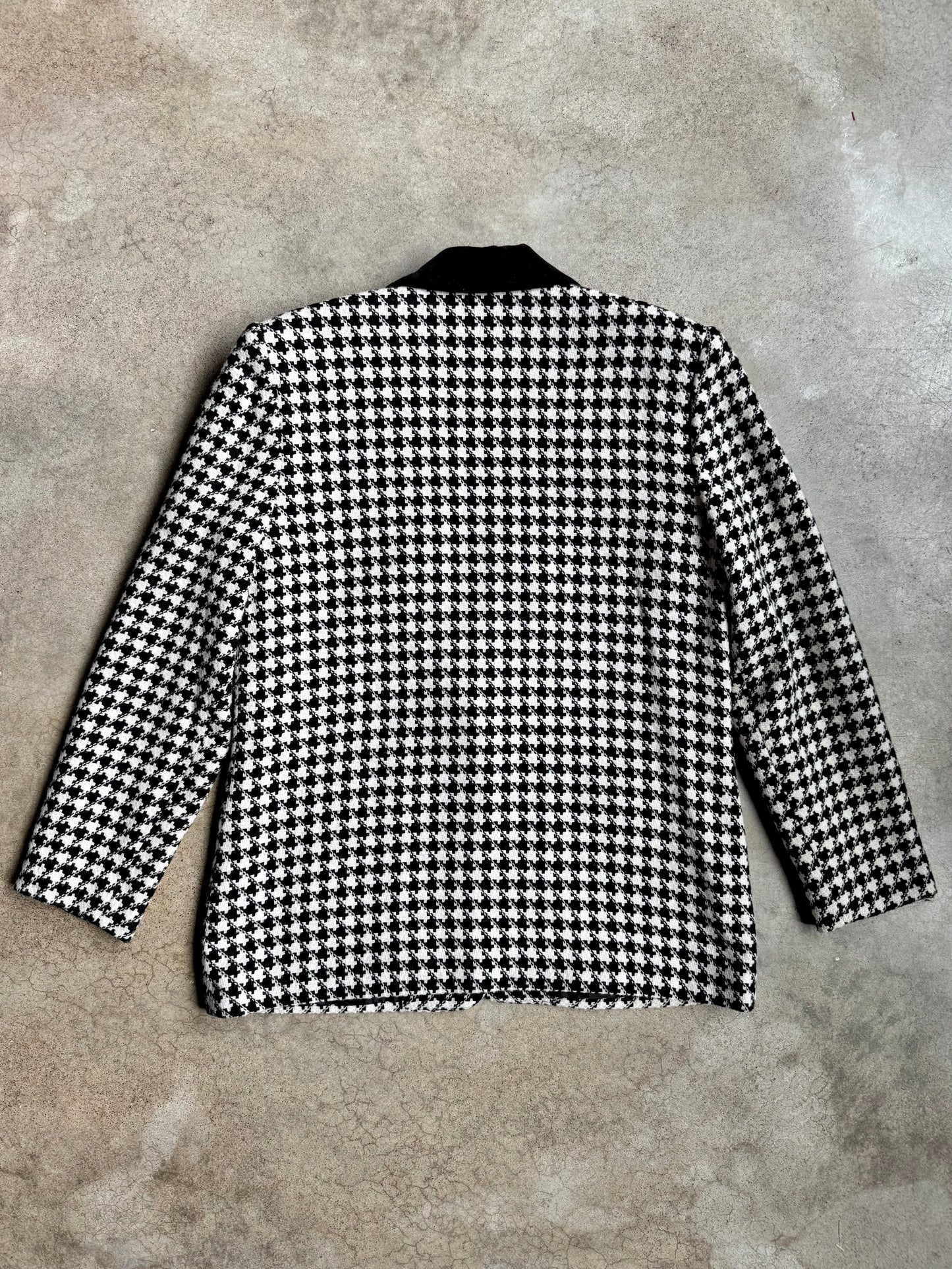 Vintage 1990s Leslie Fay Black Velvet Trim Houndstooth Wool Blazer | M/L