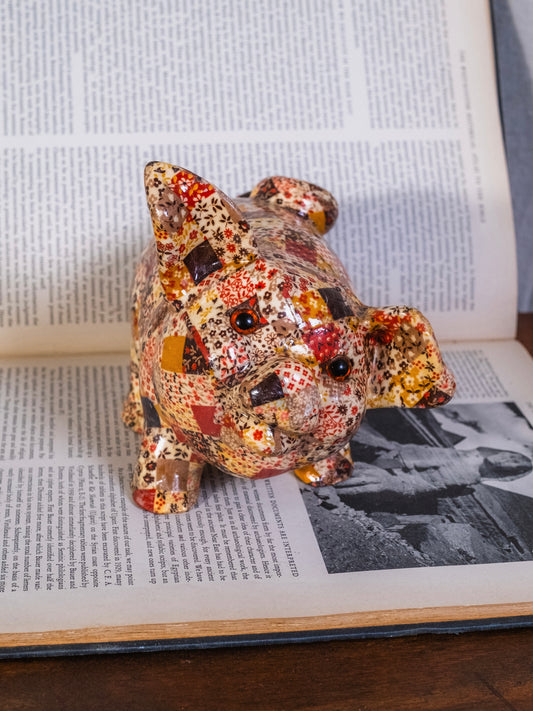 Vintage 1960s Patchwork Decoupage Ceramic Piggy Statue