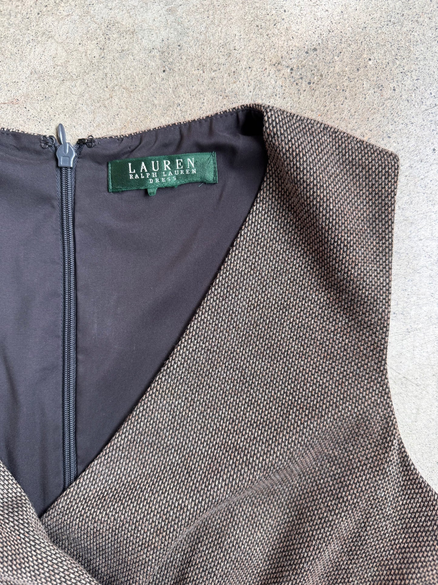 Vintage 1990s Lauren Ralph Lauren Brown Knit V-Neck Belted Dress | Small