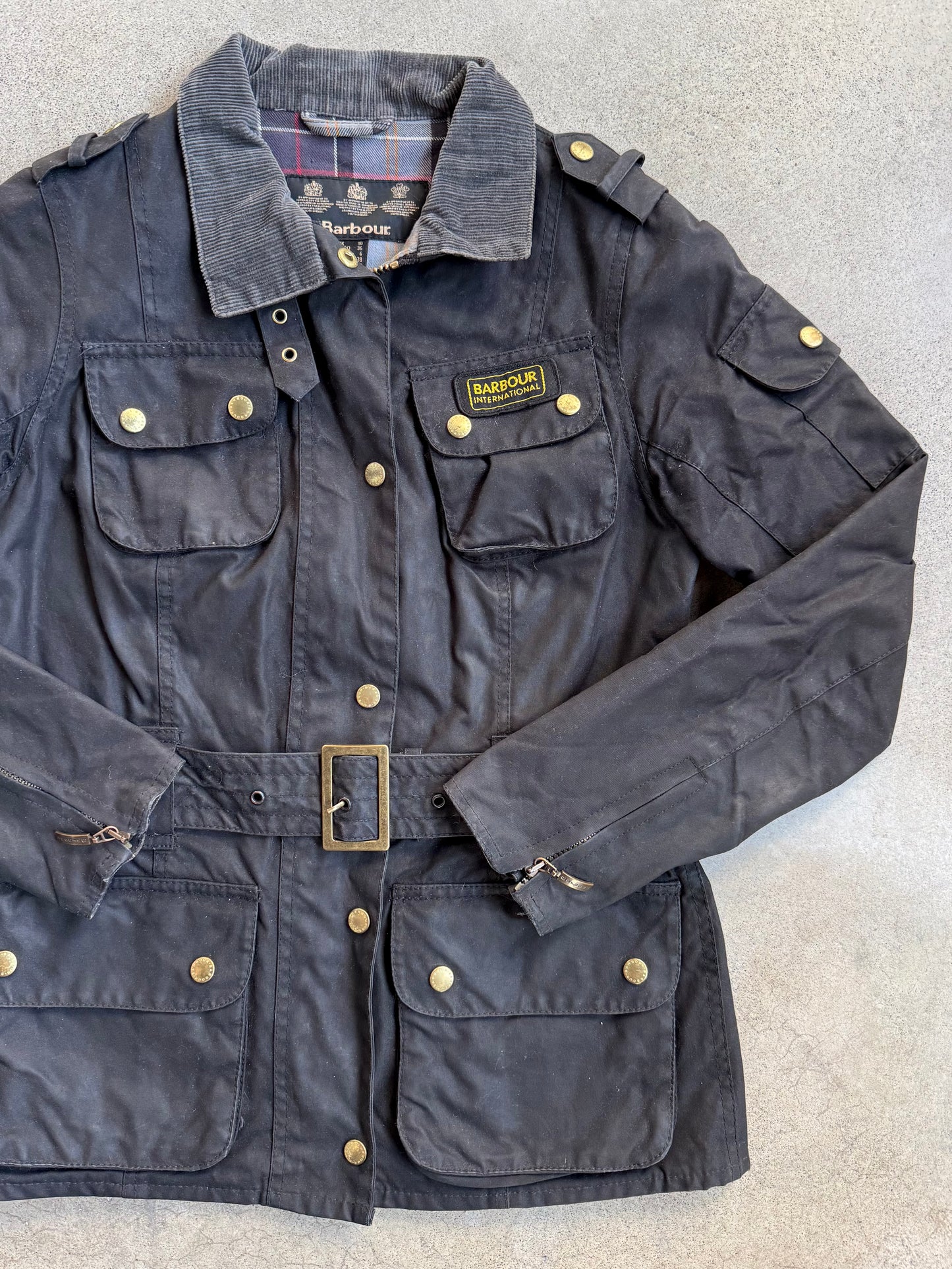 Vintage Style Barbour Black Waxed Cotton Belted Utility Jacket | S/M