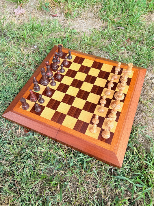 Vintage 1960s Wood Folding Chess Board w/ Chess Pieces