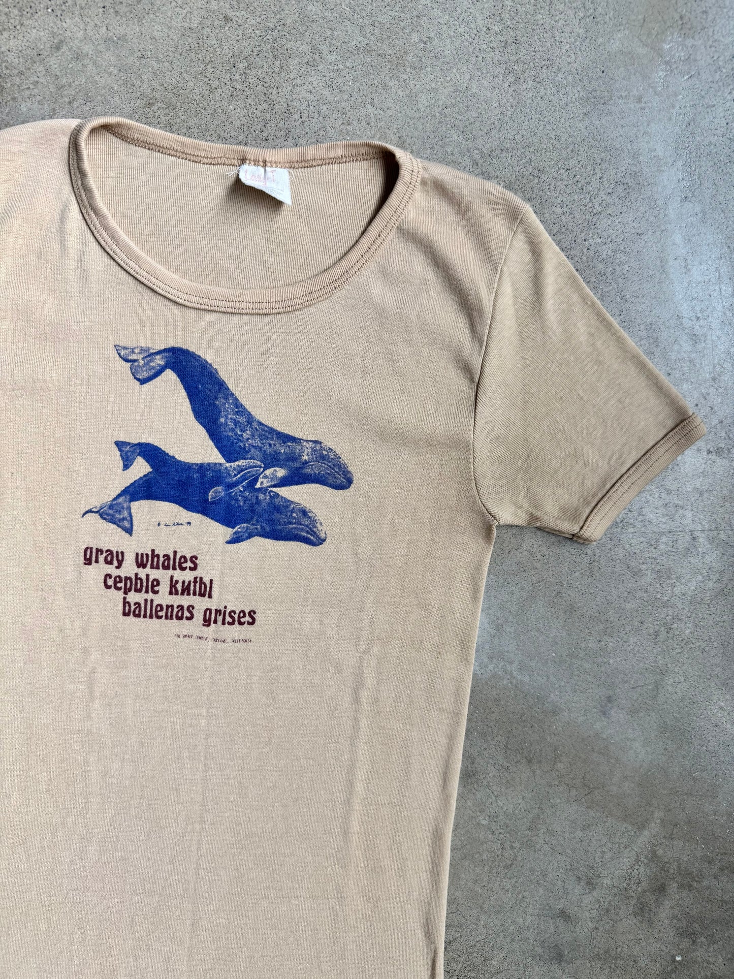 Vintage 1970s Lady-T by Stedman Tan "Gray Whales" Fitted Graphic Tee | Large