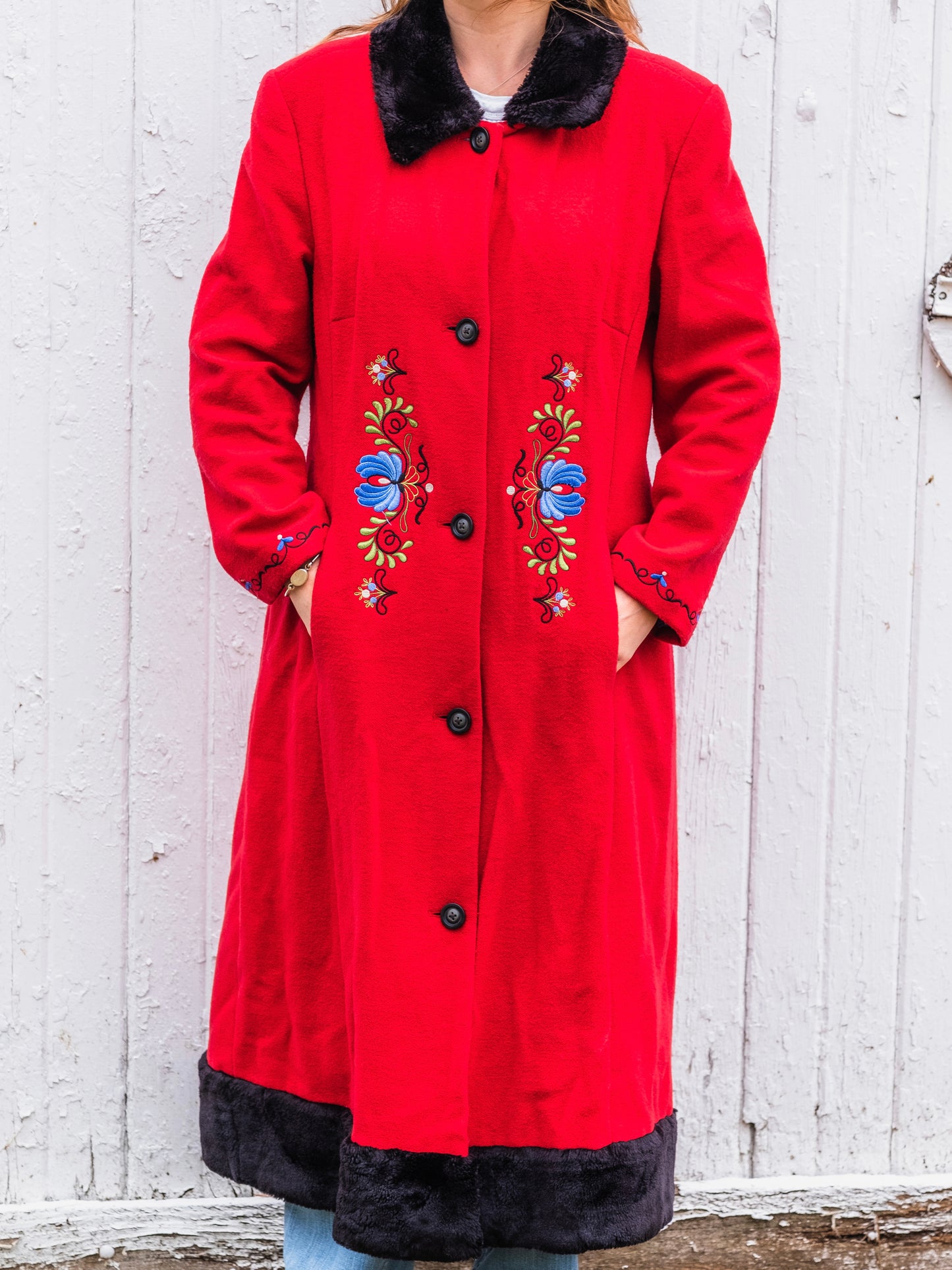 Vintage 1970s Red Wool Floral Embroidered Faux Fur Trim Overcoat