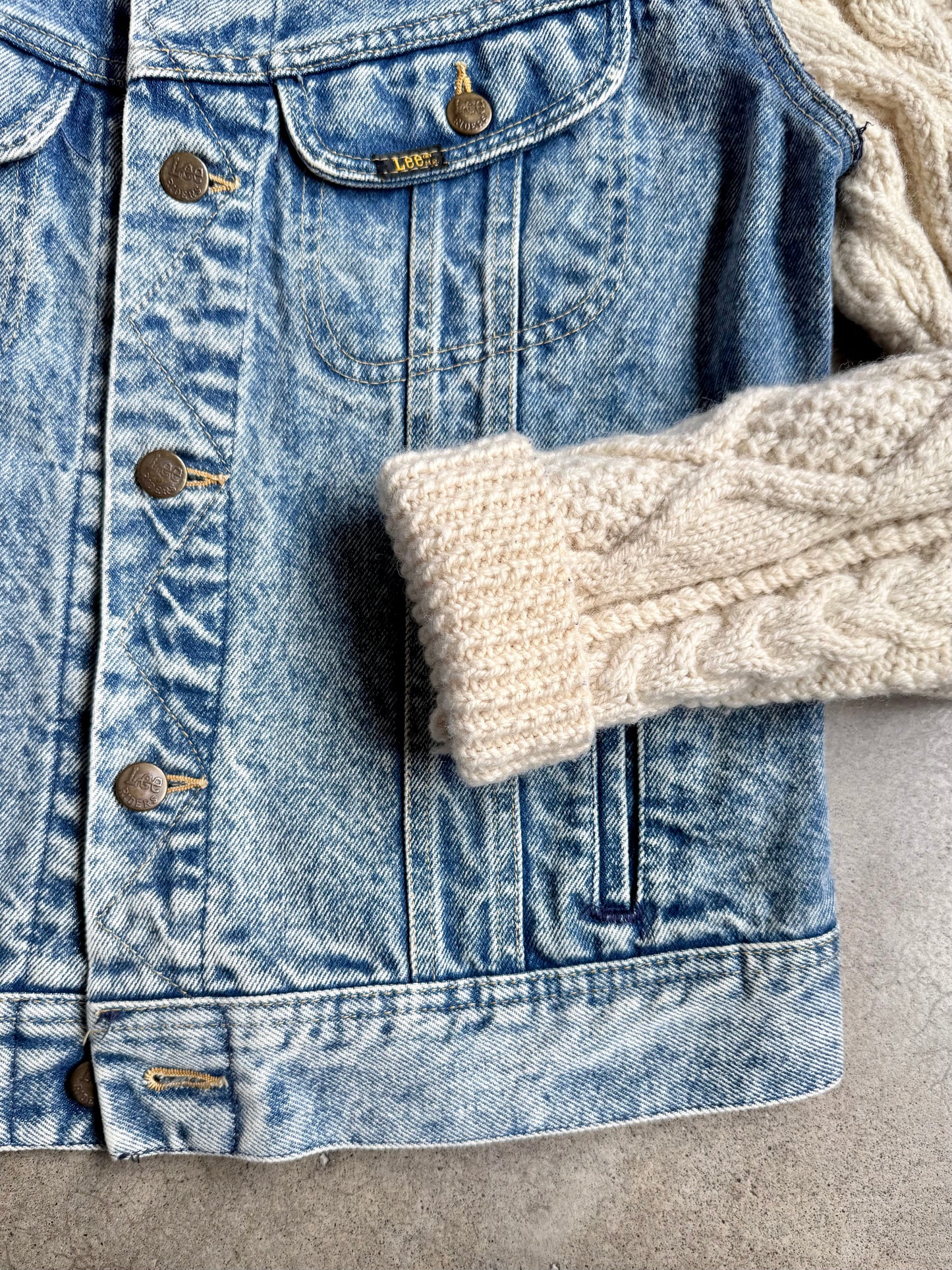 Vintage 1980s Lee Cable Knit Sleeve Denim Jacket | Medium