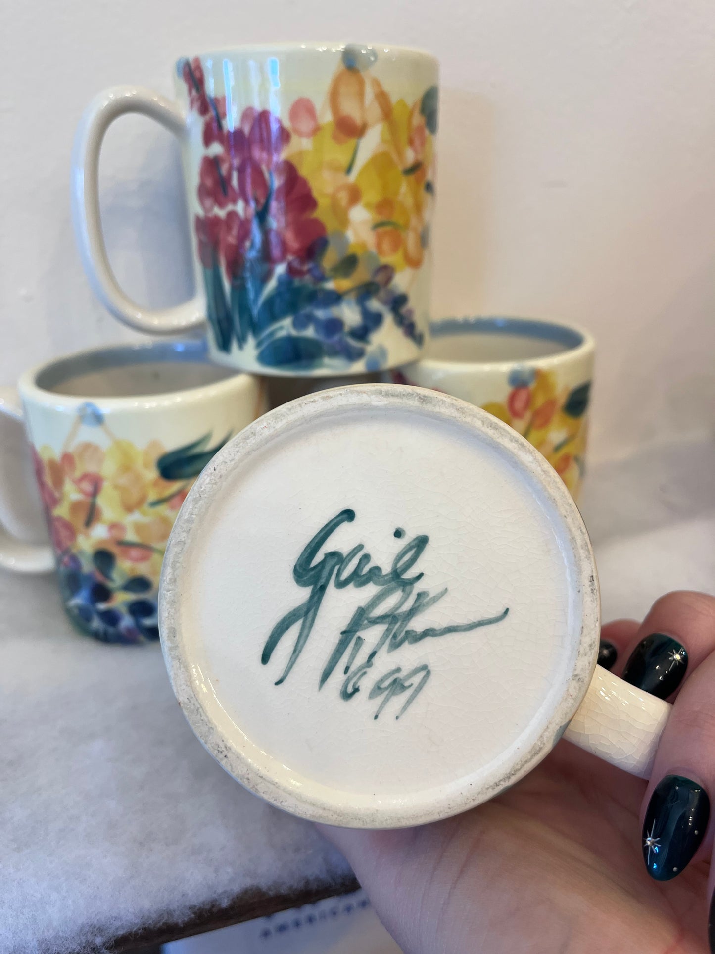 Vintage Gail Pittman Floral Painted Mugs | Set of 4