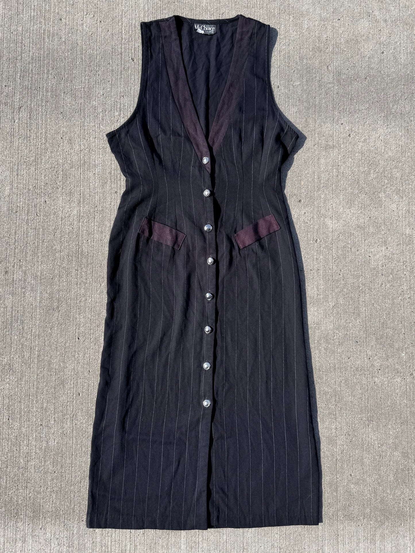 Vintage 1980s Ms. Choice Black Pinstripe Sleeveless Suit Dress | Medium