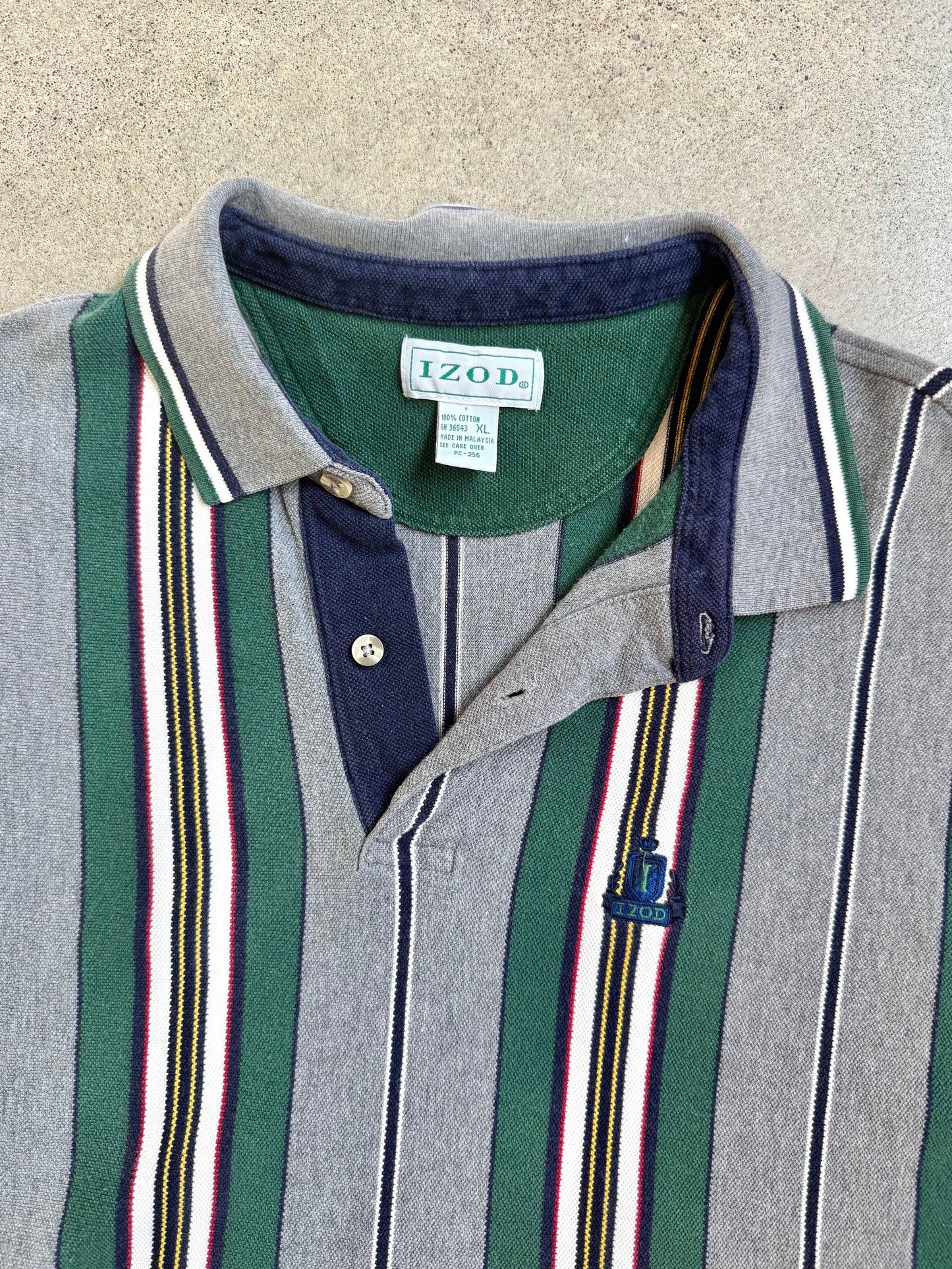 Vintage 1990s Izod Grey & Green Striped Cotton Polo Shirt | XL