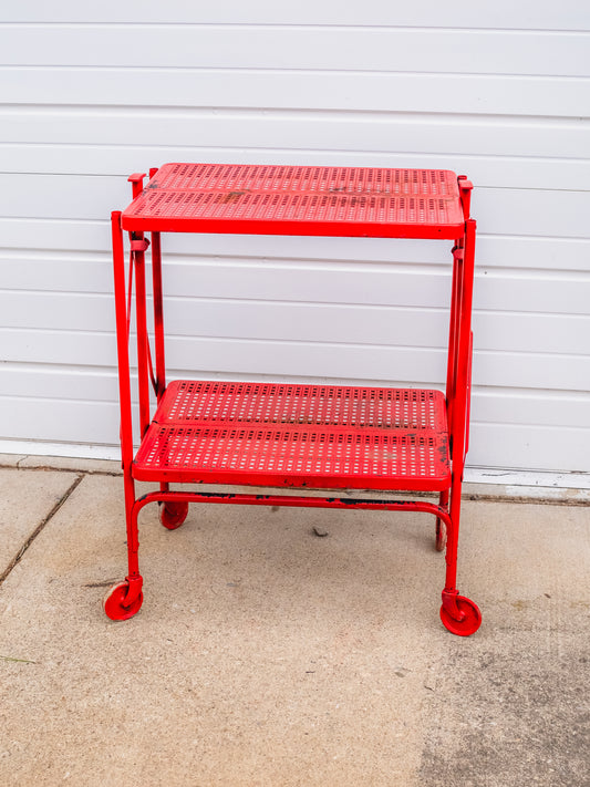 Vintage 1950s Red Distressed Metal Foldable Rolling Bar Cart