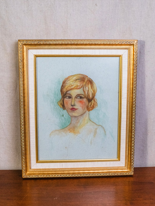 Vintage 1950s Framed "Golden Girl" Pencil Drawing Artwork