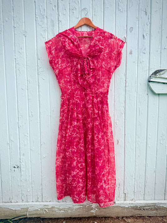 Vintage 1950s Red & Pink Floral Chiffon Bow Collar Pleated Dress | M/L