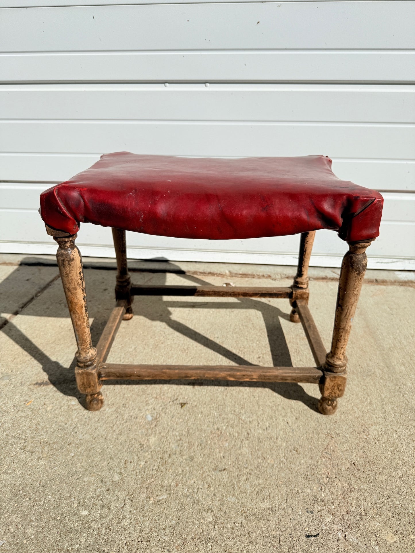 Antique French-Style Rustic Turned Leg Upholstered Footstool