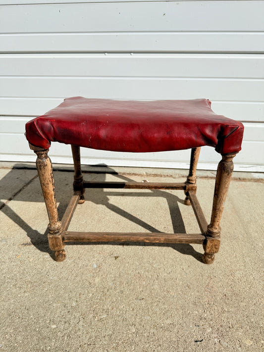 Antique French-Style Rustic Turned Leg Upholstered Footstool