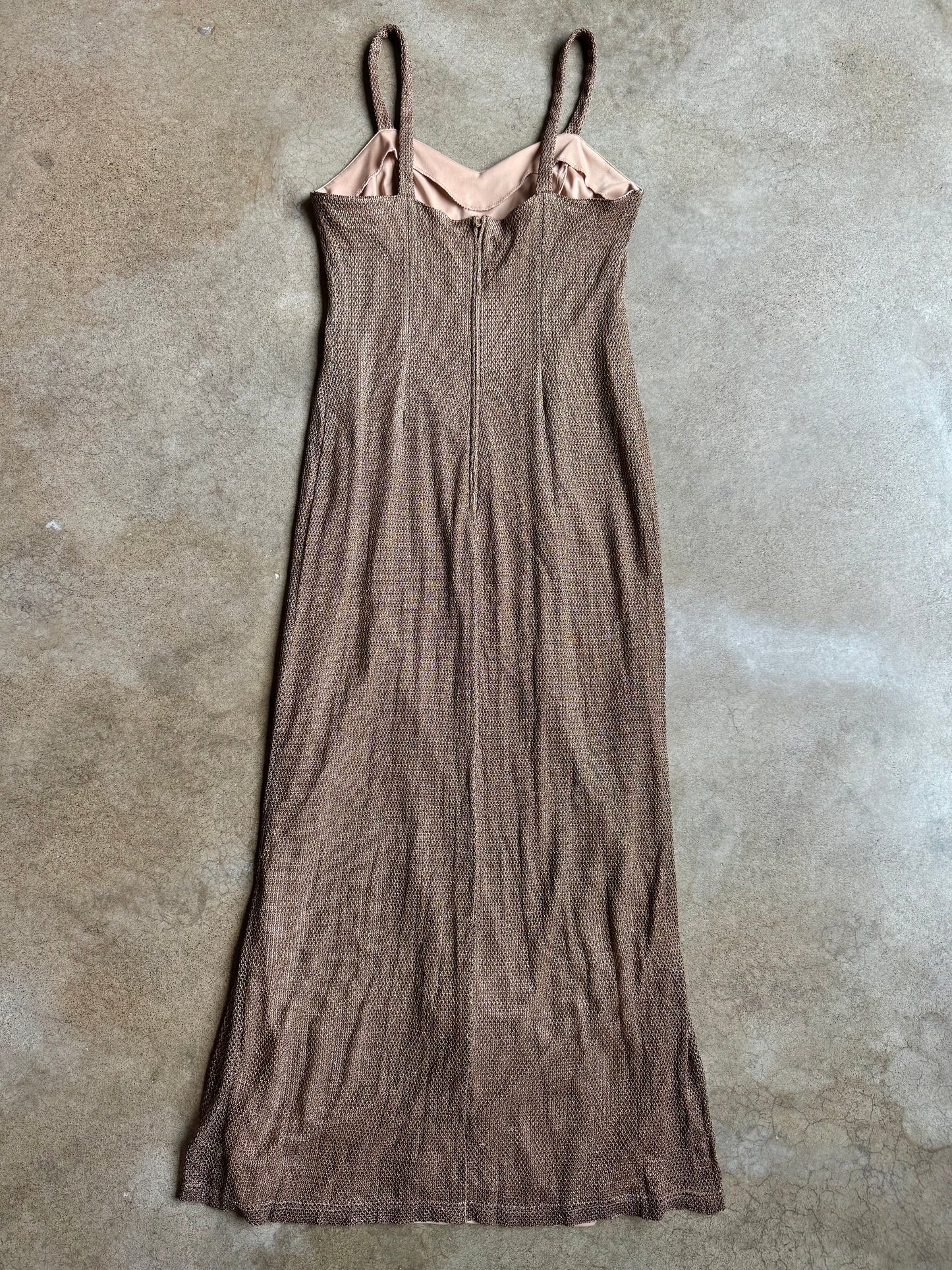 Vintage 1990s Onyx Nite Gold Metallic Side Slit Evening Gown | M/L