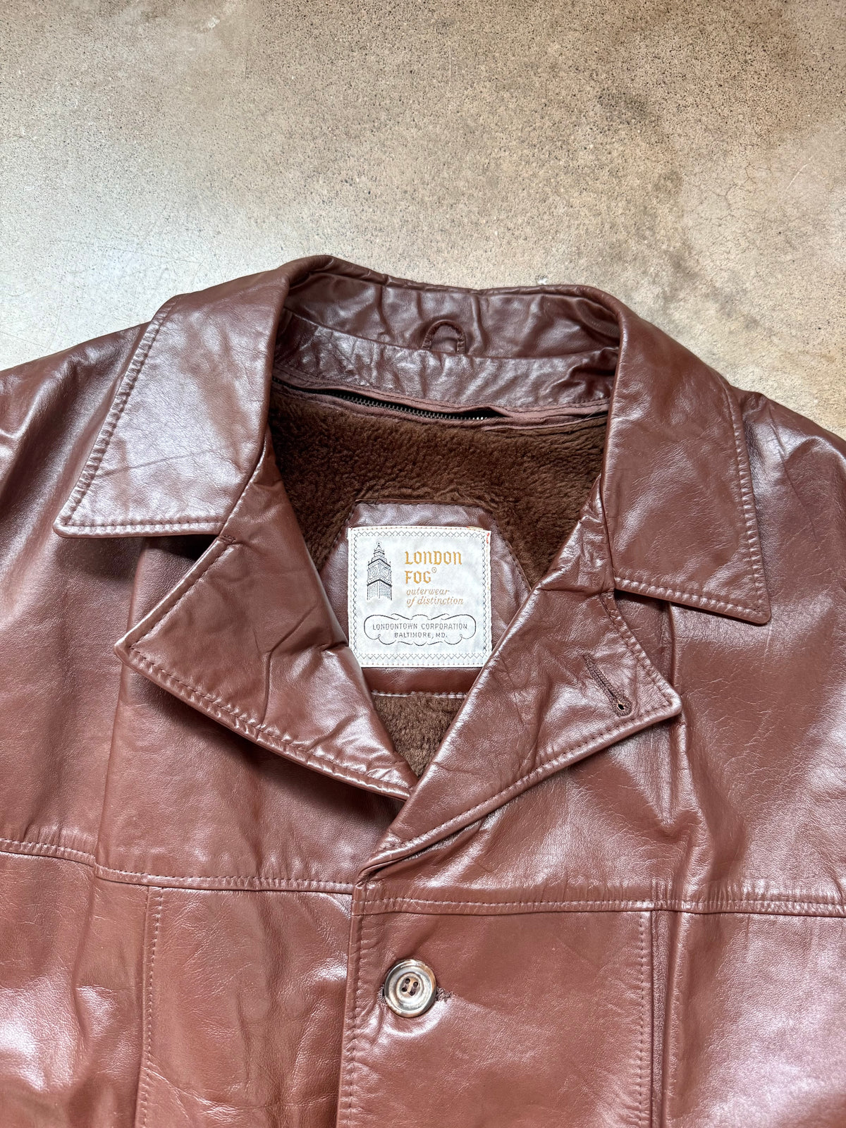 Vintage 1970s London Fog Brown Faux Fur Lined Leather Jacket | 46R