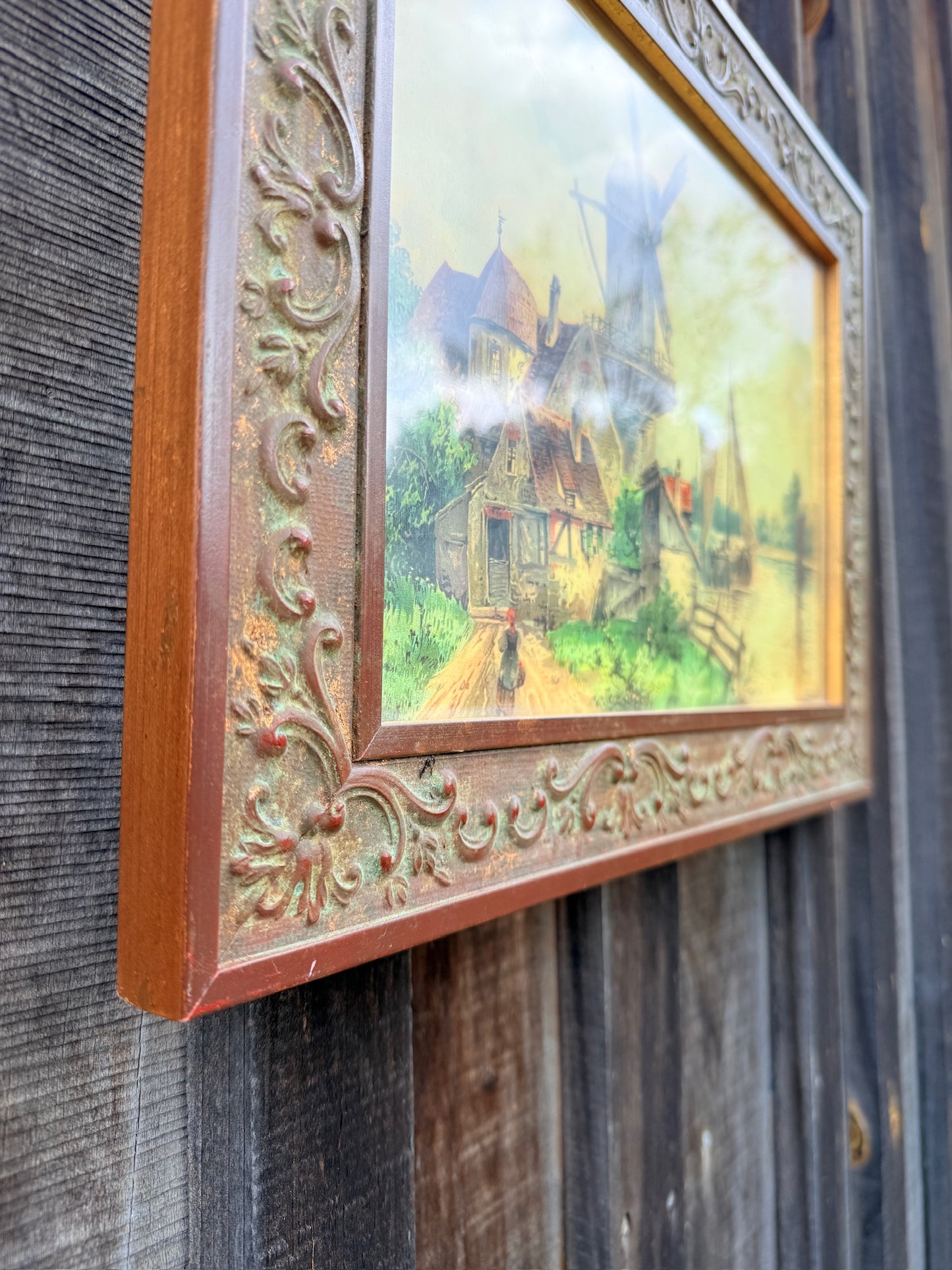 Vintage 1950s Framed Dutch Windmill Landscape Print Art
