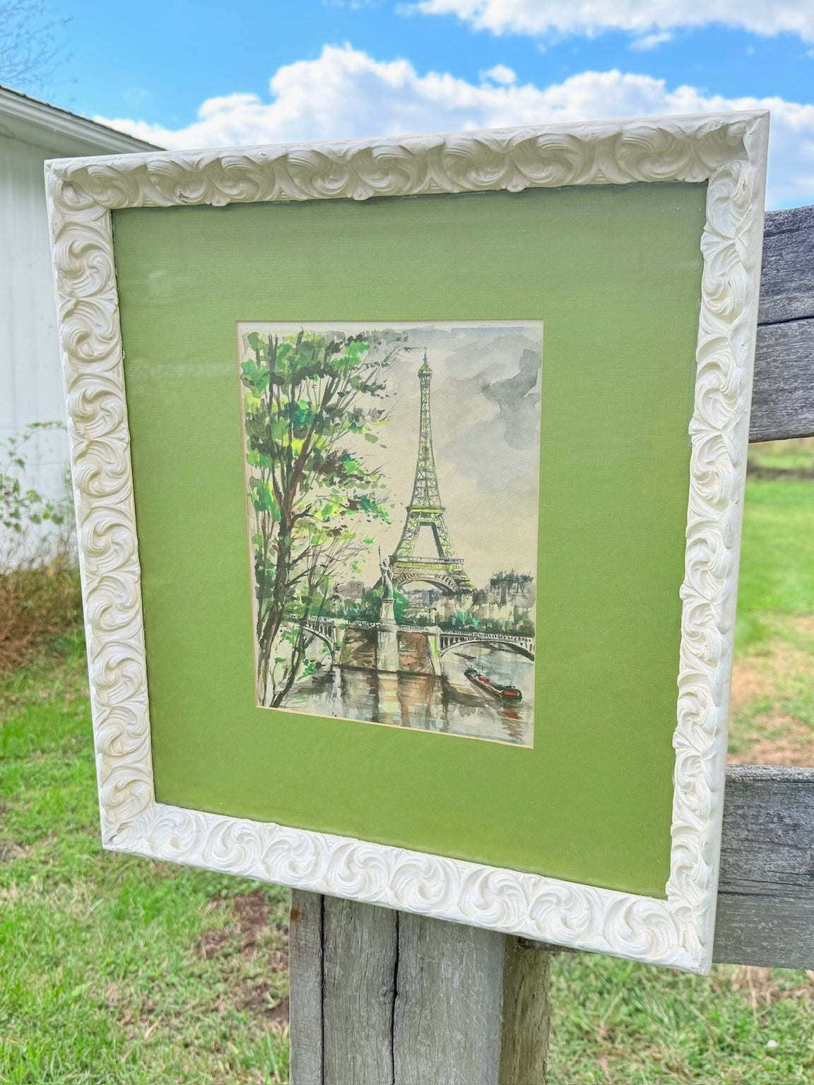 Vintage 1960s Framed Paris Eiffel Tower Watercolor Artwork