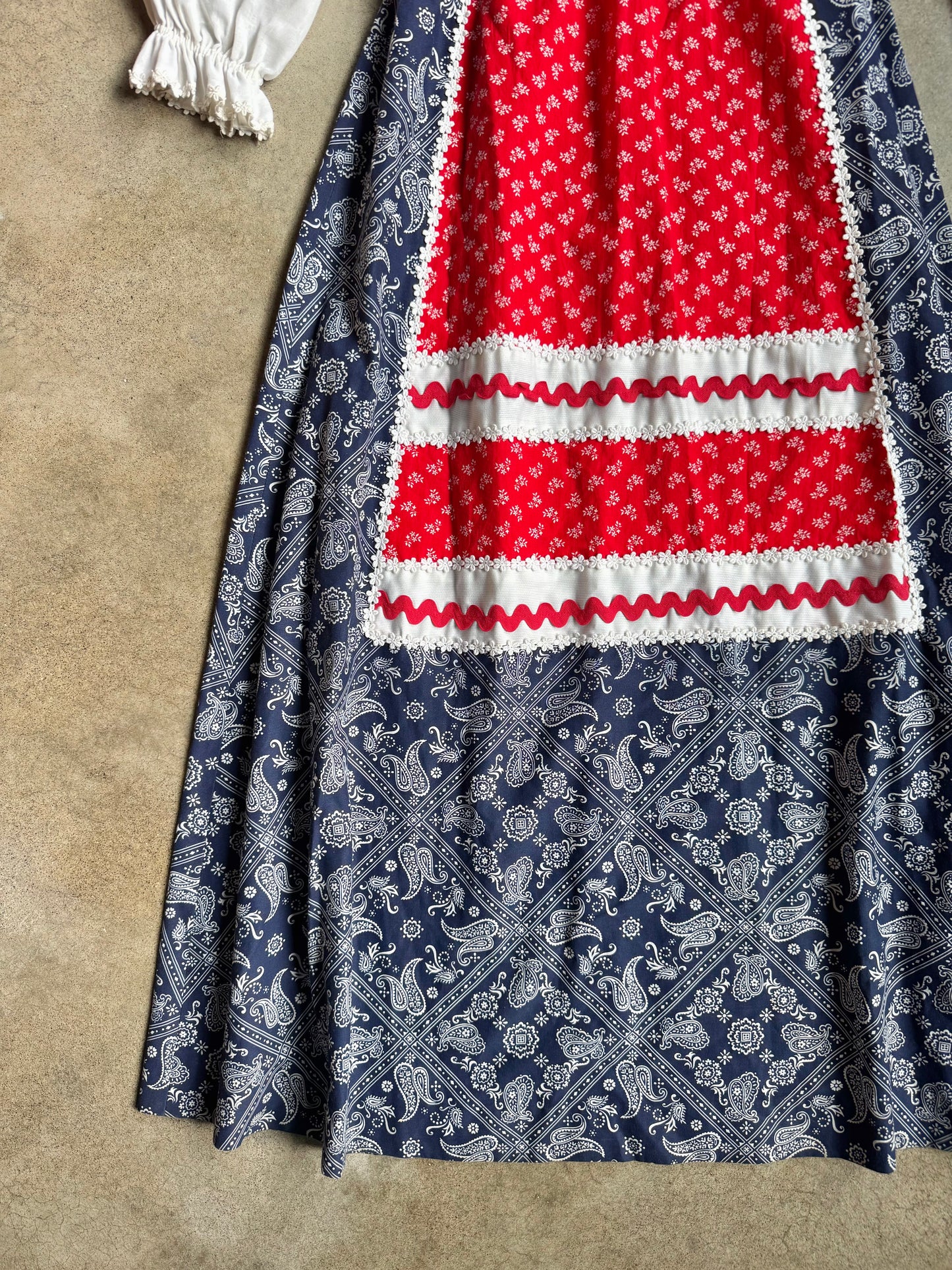 Vintage 1970s Herman Marcus Red & Blue Bandana Floral Prairie Dress | Small
