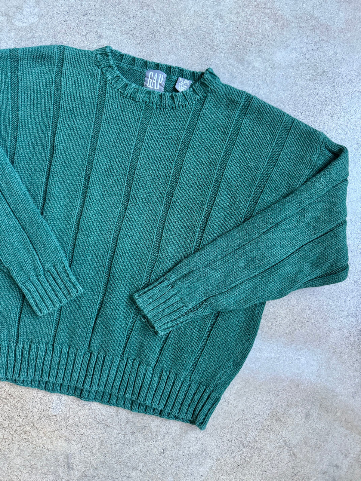 Vintage 1990s Gap Green Wide Rib Knit Cotton-Blend Crewneck Sweater | Large