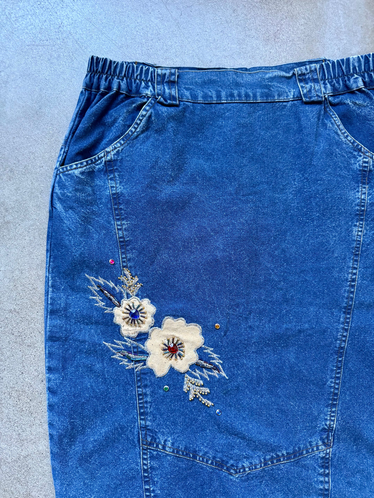 Vintage 1980s Snow Blue Floral Beaded Appliqué Denim Two-Piece Skirt Set | Medium