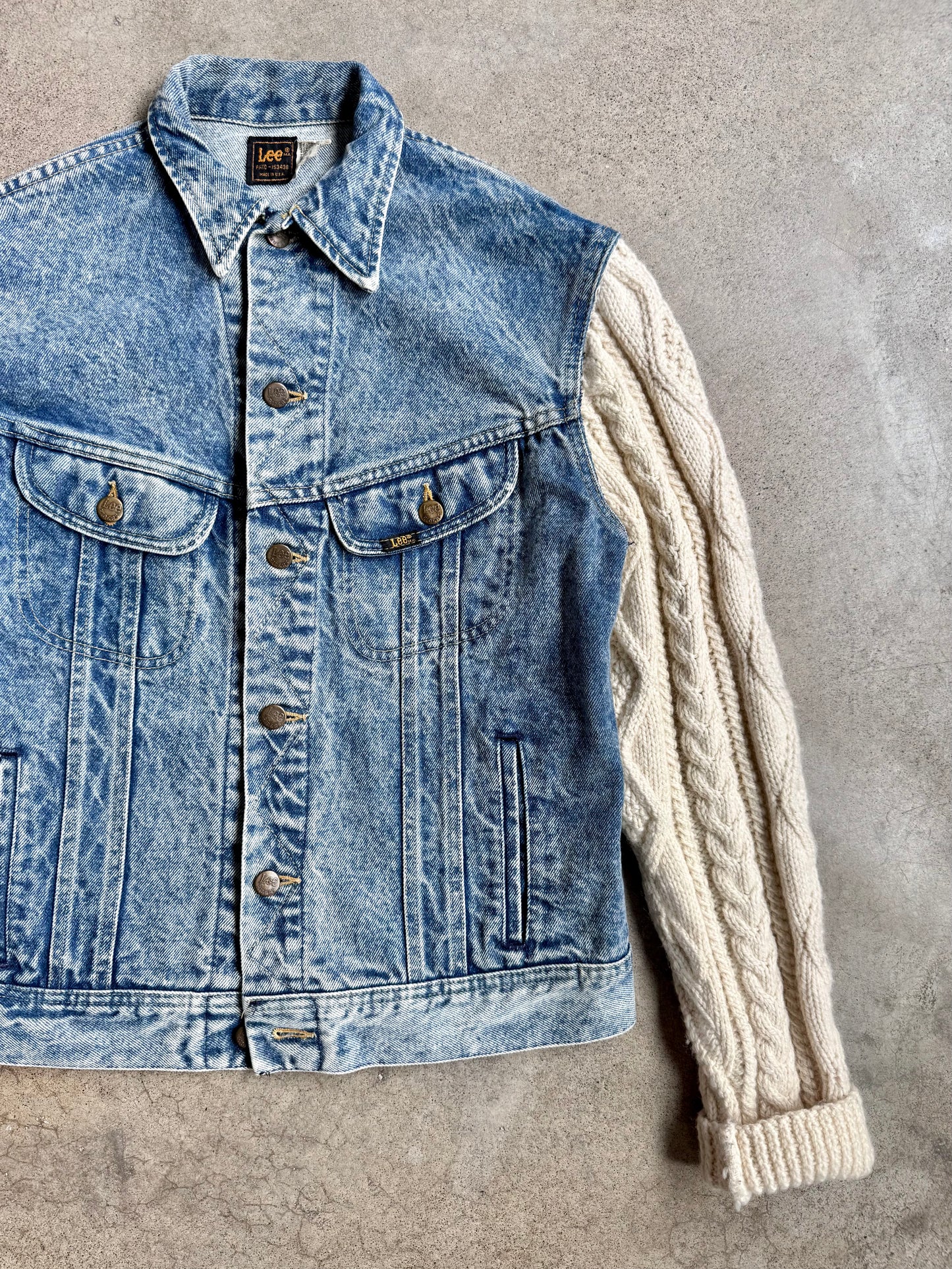 Vintage 1980s Lee Cable Knit Sleeve Denim Jacket | Medium
