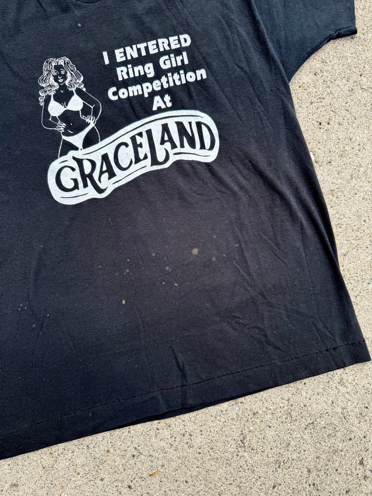 Vintage 1980s Graceland Ring Girl Competition Black Graphic Tee | Large