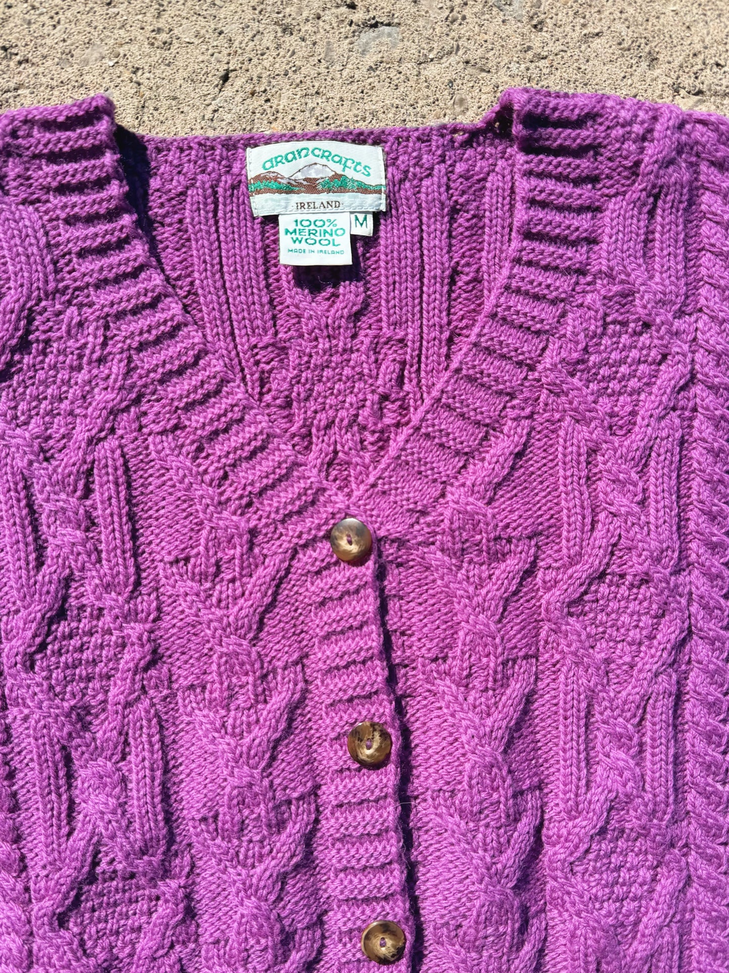 Vintage Aran Crafts Purple Cable Knit Wool Cardigan | Medium