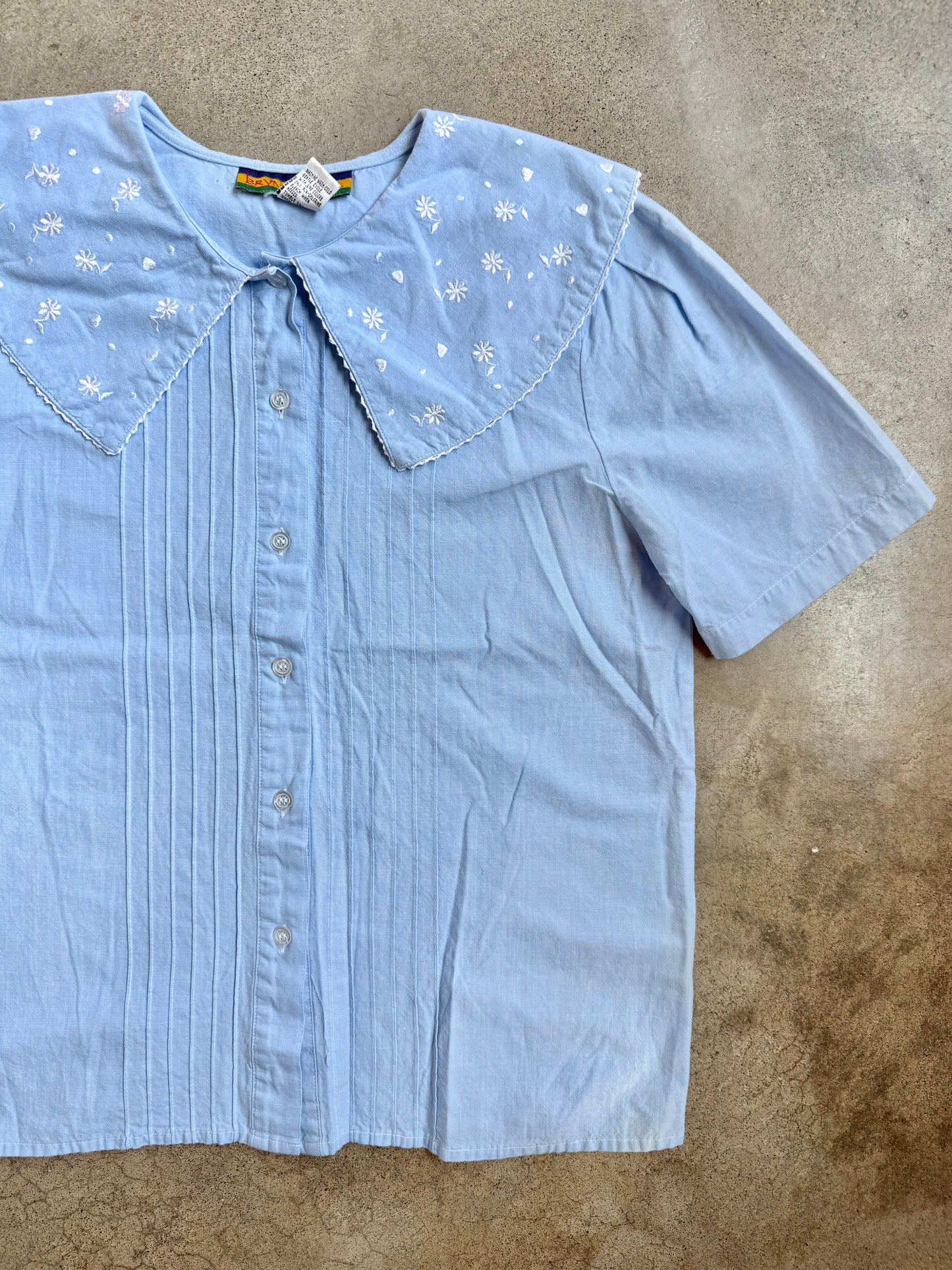 Vintage 1980s Bryn Connelly Blue Floral Embroidered Babydoll Blouse | Small