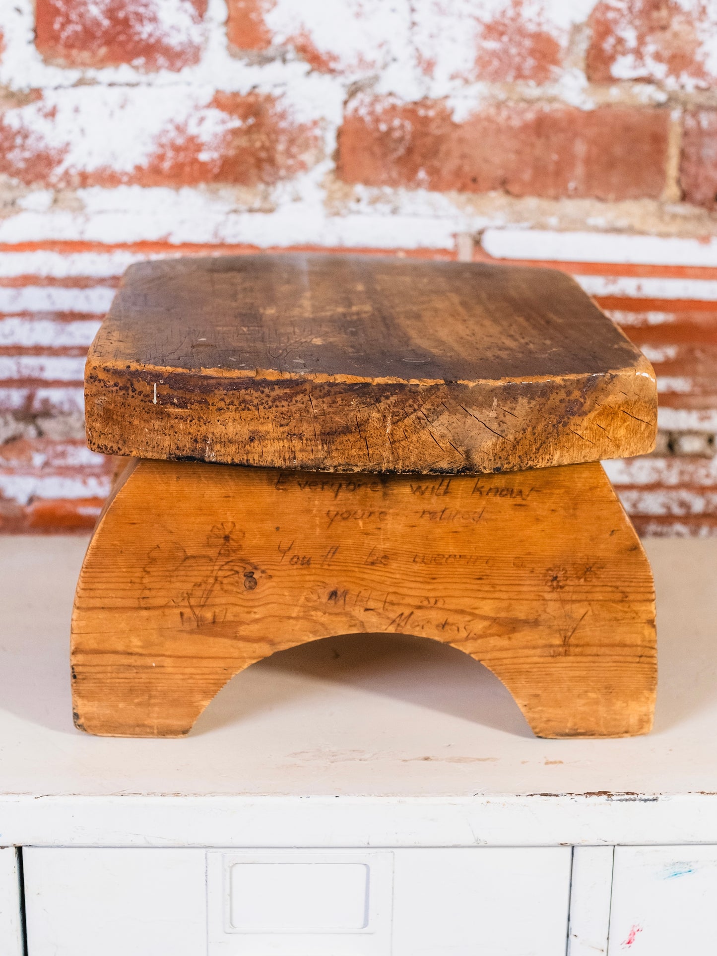 Vintage Handmade Etched Wood “Retirement” Footstool